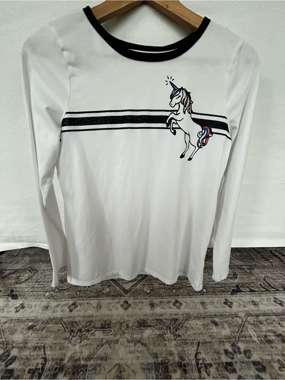 Justice Long Sleeve Tee with Black Trim & Unicorn Motif